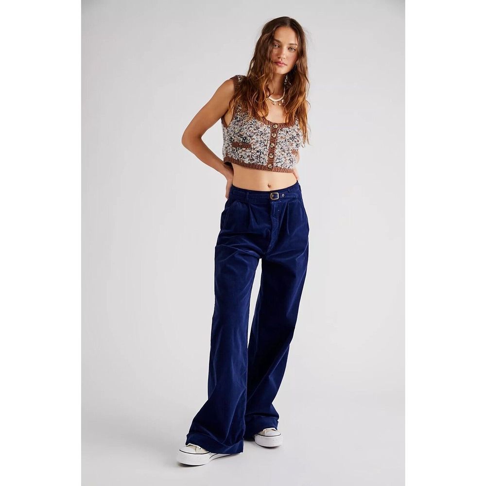 MOTHER Navy Blue Velvet Straight-Leg Pants
